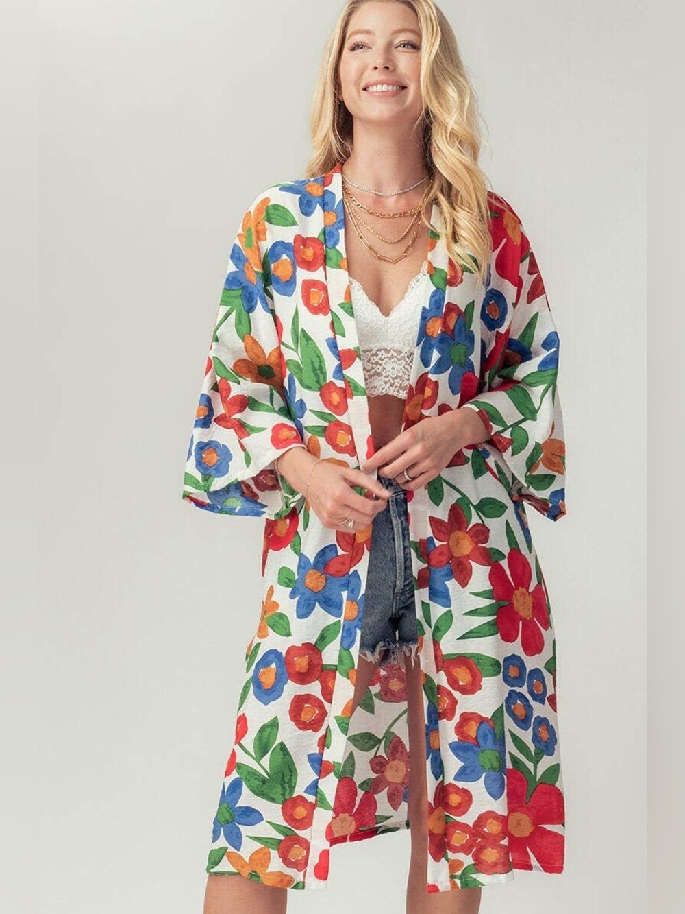Do Everything In Love Floral Kimono Cardigan Duster One Size Boho Colorful